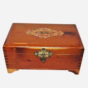 Vintage Dovetail Wood Jewelry Keepsake Box Floral Inlay Brass